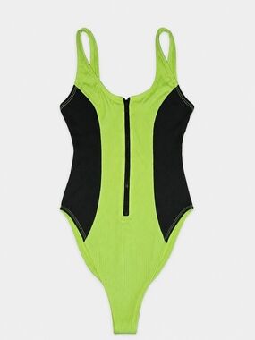 Revamped Neon Green and Black Ribbed One-Piece with Front Zip